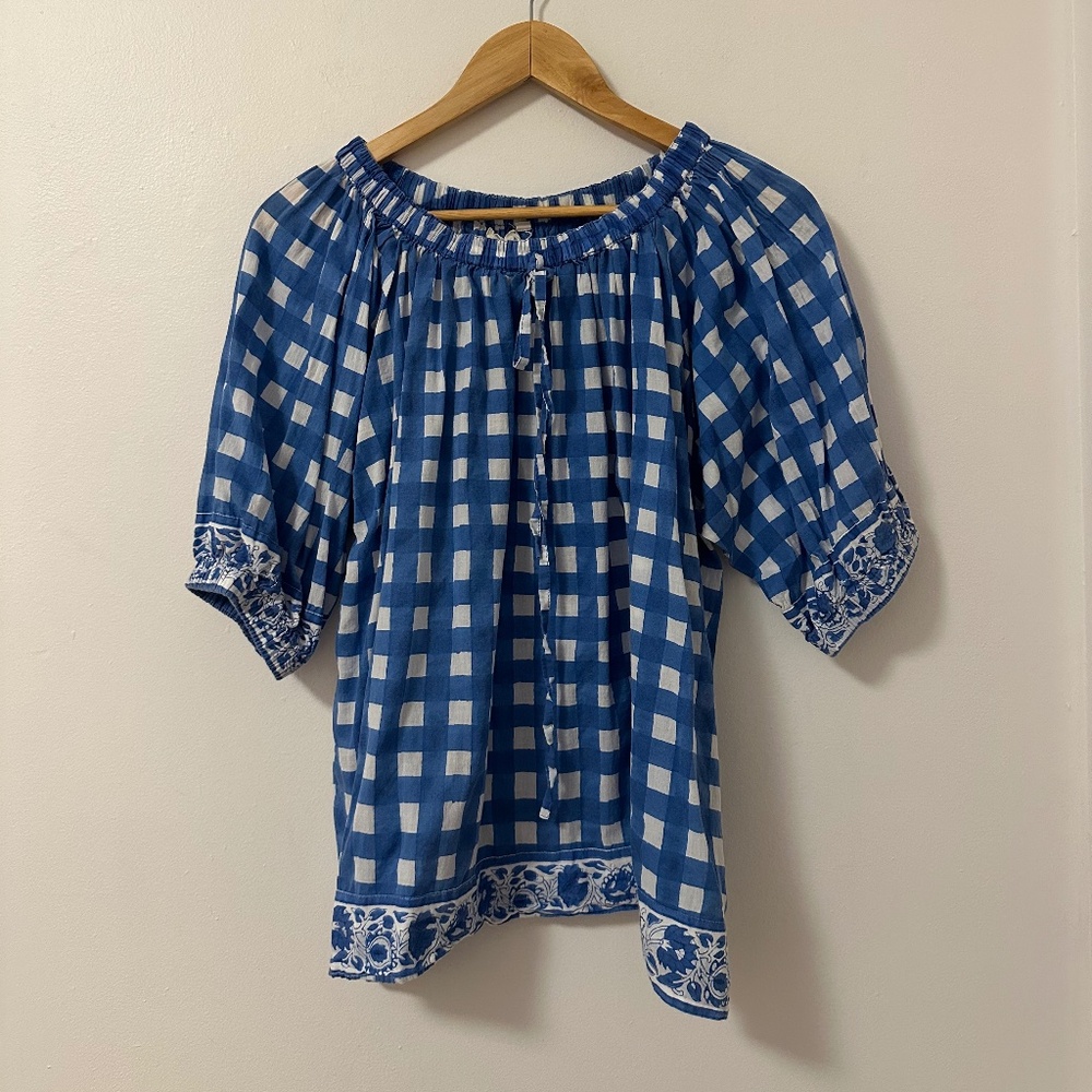 SZ Blockprints Gingham Cornflower Blue Plaid Top | Size Medium